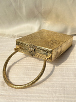 Pochette de soirée de luxe pour femme, rectangulaire, en métal doré antique, avec motifs floraux, panneau gravé et poignée rigide, idéale pour mariage