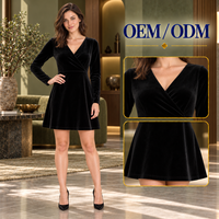 Gaun Mini Wanita Klasik Beludru Hitam Lengan Panjang Model Surplice V-Neck A-Line untuk Grosir Butik OEM ODM Label Pribadi