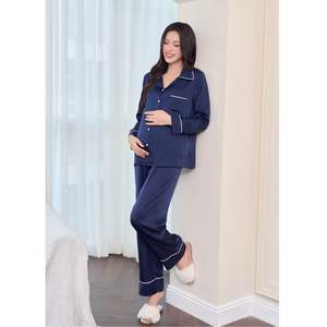 Ensemble en soie respirante bleu foncé à manches longues B862 pour femmes enceintes - Soie de haute qualité absorbant la transpiration - Product Image 4