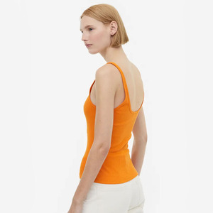 Vente chaude haute rue mode femmes Orange couleur 100% coton encolure dégagée sans manches ajusté haut d'été à vendre - Product Image 4