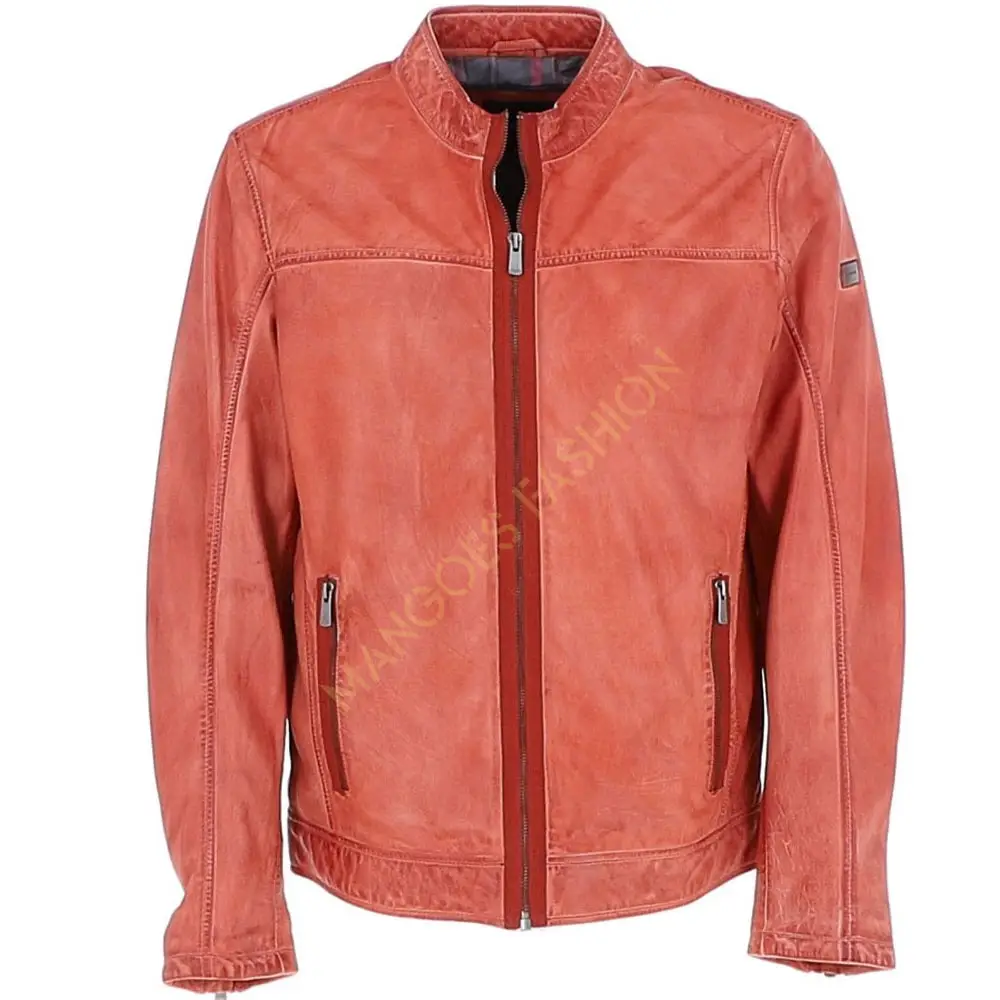Jaket kulit pengendara sepeda pria oranye mencolok: Meningkatkan gaya Anda dengan tepi pedagang grosir Logo kustom