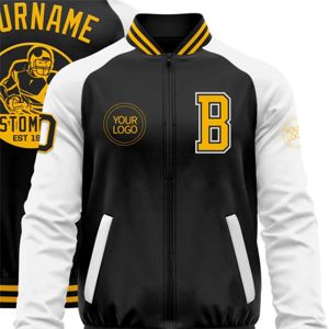 Blouson de bombardier universitaire Letterman deux tons noir or-blanc avec fermeture éclair OEM sur mesure - Product Image 5