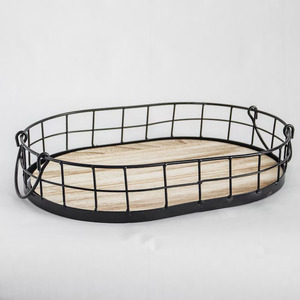 Meilleur prix de gros Nouvelle arrivée Fil de fer Plateau de service Plateau Forme ovale Mangue Bois Thé Café Snacks Plateau de service Noir - Product Image 1