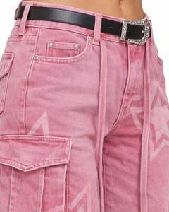 Pantalon cargo à jambes larges à imprimé étoile rose personnalisé pour femmes, pantalon en denim streetwear taille haute avec poches latérales, vêtements décontractés tendance - Product Image 4
