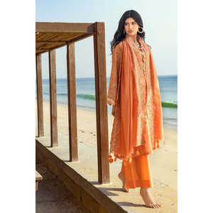 Ensemble 3 pièces DN-52021 en tissu lawn imprimé et brodé Schiffli avec dupatta brodée à motifs en relief, paréo de plage - Product Image 1