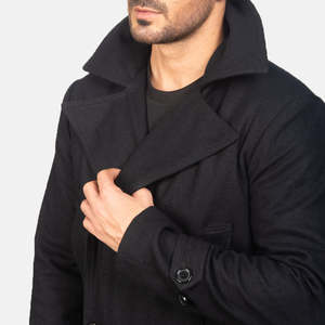 Manteau long noir en laine pour homme style détective, coupe ajustée, avec capuche imprimée, pour automne-hiver, élégant et décontracté, avec bordure en fourrure - Product Image 6