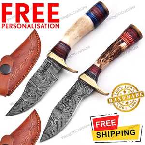 Cuchillo Skinner de acero de Damasco de 8 pulgadas de alta calidad, punto de caída de espiga completa, mango de madera OEM personalizable, diseño de ciervo, ciervo - Product Image 1