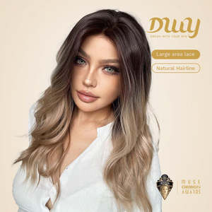 Billie-Jo-DWY 20 Inches Glueless Synthetic <b>Wig</b> for Women 136 Lace Front Free Part Mid-Length Wavy <b>Brown</b> Gradient Transparent - Product Image 2