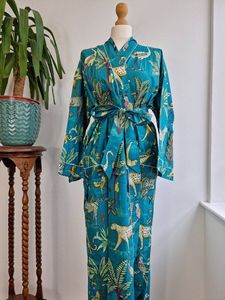 Pure Cotton Indian Block Printed Summer Kimono Floral Beach Coverup Maternity Robe Teal Casual Dresses Comfortable Floor-Length - Product Image 2