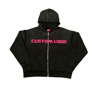 Sudadera con capucha de algodón boxy para hombre, ropa de calle vintage con cadena desgastada bordada, apliques de cremallera de pintura - Product Image 1