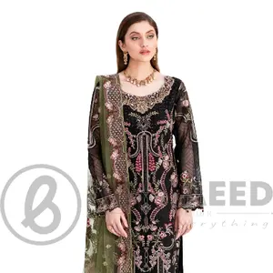 Robe noire en Organza brodée de styliste, Organza du pakistan/indien avec filet vert foncé, pantalon en soie brute et dupatta, nouvelle collection