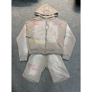 Custom Cotton Fleece Full Zip up <b>Rhinestone</b> Casual Men's Hoodie & Shorts Set Autumn Quick Dry High Quality Wholesale - Product Image 4
