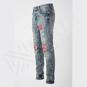 Pantalones Vaqueros Ajustados Vintage para Hombre, Desgastados, con Parches Bordados Rosas, Precio de Mayoreo, Ropa Urbana, Color Personalizado - Product Image 3