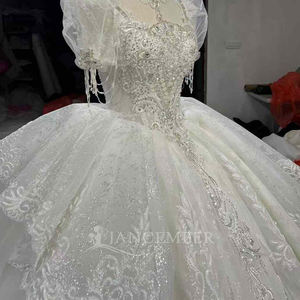 For OY007 Princess Puff Sleeve Tassel Embroidery Modern Lace Chapel Train Long Floor-Length Women's Bridal Gowns - Product Image 4