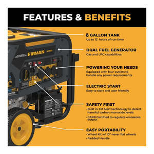 Générateur portable à double carburant Firman H07553 7500W/9400W avec onduleur à onde sinusoïdale pure et batterie externe - Product Image 3