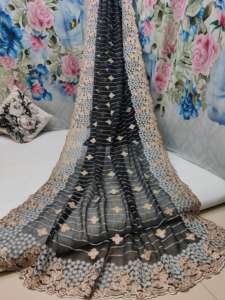 ลายดอก lucknow Chino ผ้าไหม georgette สีทอง Jari Swarovski หินชายแดนสไตล์ชาติพันธุ์ยืดได้ - Product Image 5