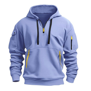 Personnalisé 100% coton hommes hiver tenue décontracté à manches longues demi fermeture éclair sweats à capuche style teint uni - Product Image 3