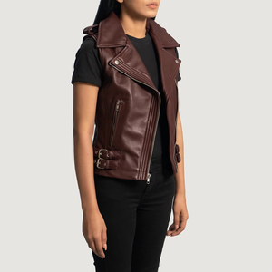Gilet de motard en cuir de haute qualité avec fermeture éclair, en cuir d'agneau véritable, col en V, gilets en cuir de moto haut de gamme pour femmes - Product Image 4