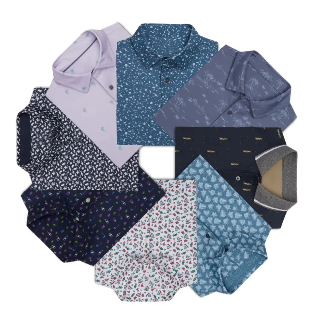 Custom Logo Allover Printing Lisle Self Collar Performance Polyester Spandex Knit Golf Polo T Shirt For Men