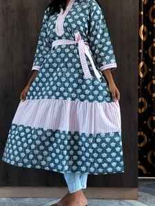 Blue Boho Flora Tiered Floor-Length Sweet Casual V-neck Women's Indian Manufacturer Exporter Cotton Fabric Eco-Friendly <b>Tunic</b> - Product Image 2