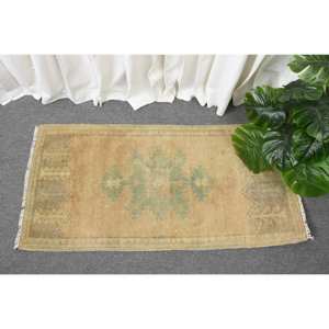 Vintage 1.7 X 3.5ft Beige Vert Laine Tapis À La Main Turc Grande Zone Motif Abstrait Rectangle Couloir Conception Latex Tapis De Chambre - Product Image 1