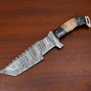 Cuchillo de Supervivencia de Acero de Damasco Hecho a Mano, Hoja Fija con Punta de Caída, Tamaño Personalizado, Funda de Cuero para Caza al Aire Libre, Mango de Hueso, EDC - Product Image 1
