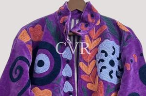 Abrigo de Terciopelo con Bordado Floral a Mano, Estilo Bohemio, Manga Larga, Cuello Mandarín, Talla Grande, Ropa de Abrigo Otoñal para Mujer - Product Image 4
