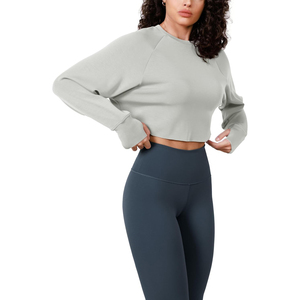 OEM femmes léger surdimensionné Crop Sweatshirts Offre Spéciale à capuche à manches longues Capuche couleur unie Street Wear tricoté Crop Top - Product Image 6