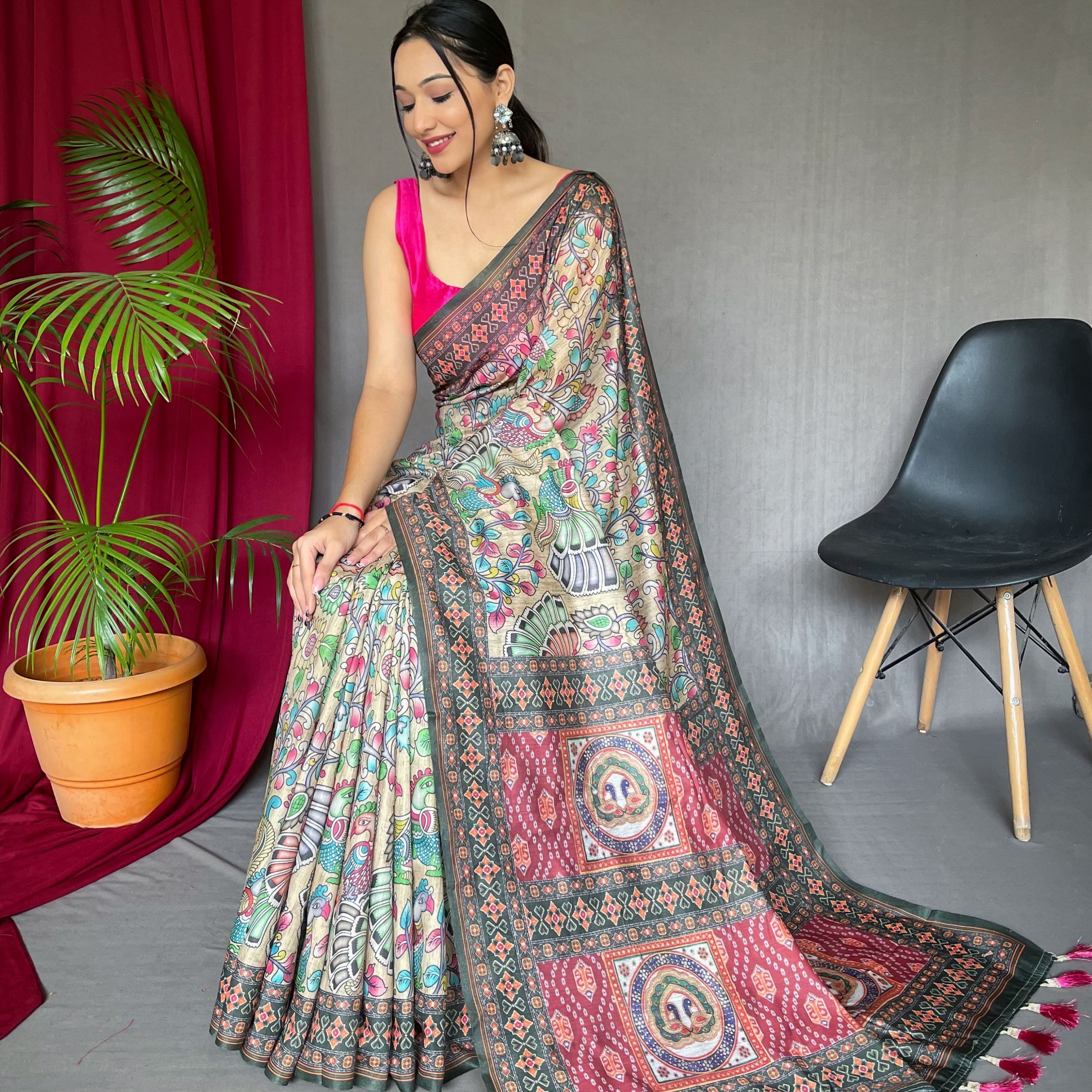 Pure Malai Katoenen Saree Met Grote Rand Digitaal Printconcept Met Elegante Kalamkari Patronen Patronen Met Contrast Sari