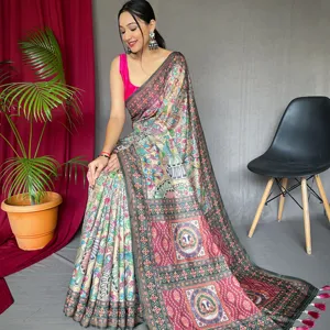 Sari in puro cotone MALAI con grande concetto di stampa digitale di bordo con eleganti modelli di KALAMKARI con sari a contrasto