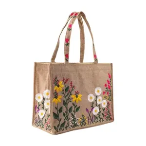 Sac fourre-tout en jute brodé de fleurs pour femmes - Product Image 2