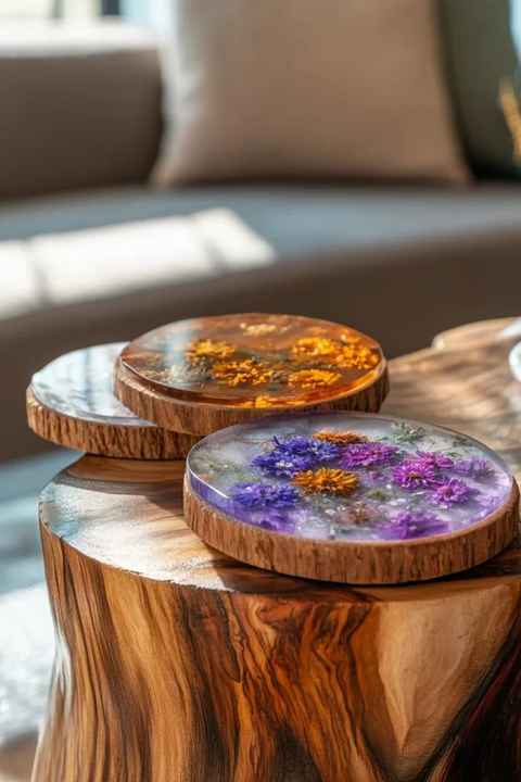 HOME  GARDEN-THEMED EPOXY RESIN AND WOOD COASTERS Set Stylish Cup Model Drink Coaster Good Price for Artisan Craft Use