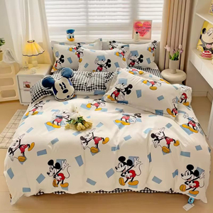 Juego de cama cómodo y encantador de 2m con estampado Floral de dibujos animados, Sábana plana de algodón lavado de 4 piezas, 2 fundas de almohada para niños para hoteles - Product Image 2