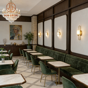 Sofá Moderno de Lujo Verde con Tapicería de Terciopelo Acanalado Vertical, Patas de Metal Dorado, Mesa de Mármol y Juego de Sillas para Hotel, Cafetería, Restaurante - Product Image 5