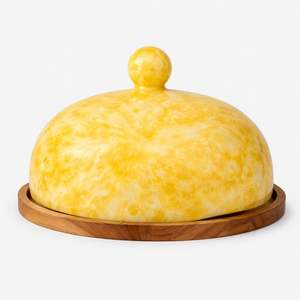 Bright Yellow Marble Dome <b>Butter</b> <b>Dish</b> Resin Cheese Keeper With Wooden Base Food Cloche For Kitchen Dining Table Storage - Product Image 3