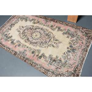 Alfombra turca clásica Vintage, beige, marrón, 3,8x6,7 pies, lana hecha a mano con respaldo de látex, patrón de retazos rectangulares para cabecera - Product Image 4