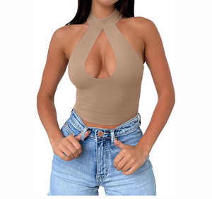 Hauts courts sans manches personnalisés débardeurs en tissu tricoté sexy avec lettre imprimée col licou gilet de fitness pour la salle de sport et le yoga - Product Image 1