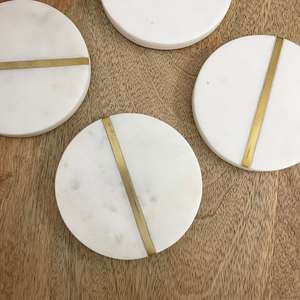 White Marble Coasters with <b>Metal</b> Inlay Handmade Stone Coaster Set of 4 - Product Image 5