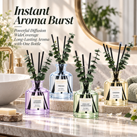Ensemble diffuseur à bâtonnets quatre couleurs (jaune, violet, ambre, vert), bouteille en verre transparent avec bouchon noir et bâtonnets diffuseurs, vente en gros sous marque privée