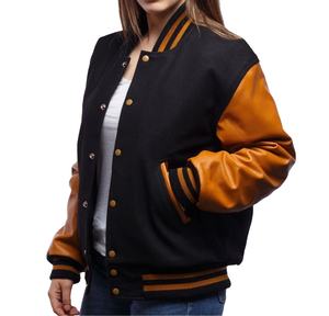 Veste universitaire classique en laine noire avec manches en cuir doré vieilli, col côtelé assorti, grande taille, personnalisable OEM, style Letterman - Product Image 3