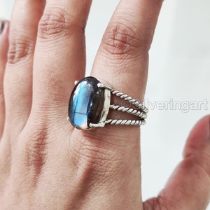 Anillo de Plata de Ley 925 para Mujer con Labradorita Natural, Diseño Bohemio de 3 Bandas Trenzadas, Joyería Hecha a Mano para Fiestas y Navidad - Product Image 5