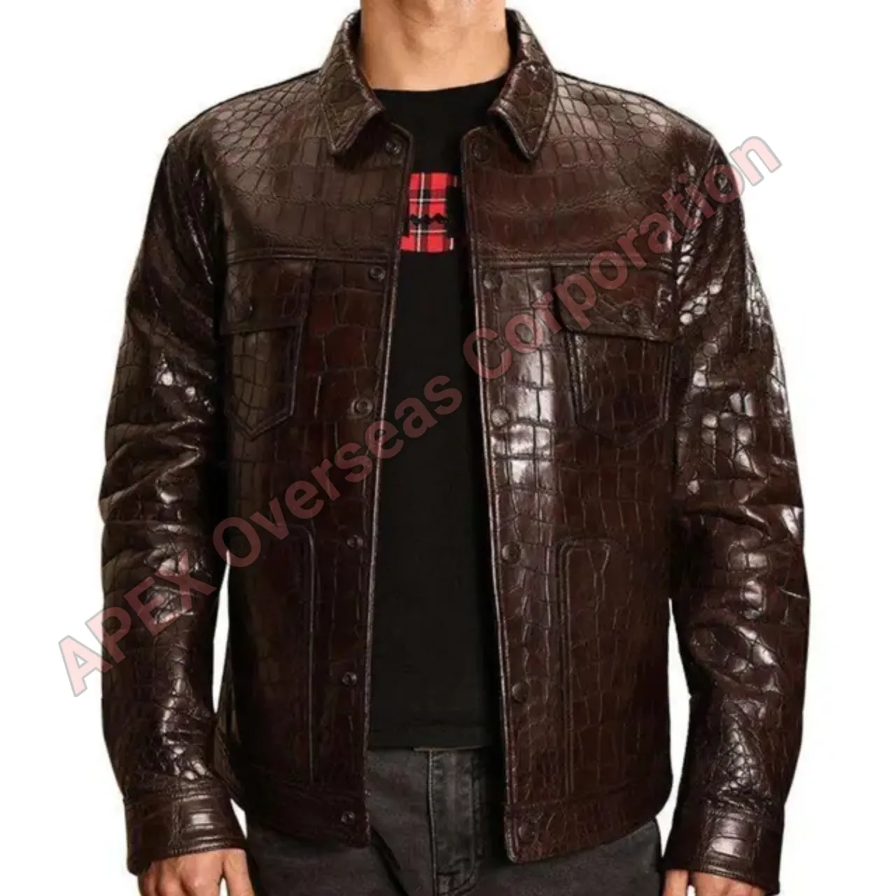 Low MOQ Wholesale Prices Men's Fashion Crocodile Texture Embossed Cowhide Leather Jackets Custom Trucker Jacket OEM 2023