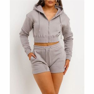 Ensemble sweat à capuche et short pour femme, décontracté, extérieur, fermeture éclair, col montant, ensemble deux pièces - Product Image 3