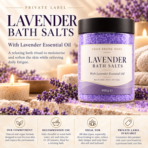 Bagno Minerale alla Lavanda con Etichetta Privata 400g |   Olio Essenziale Rilassante Naturale Vegano |   OEM Spagna - Product Image 3
