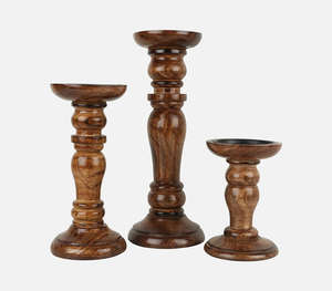 Set Of Three Rustic Wooden <b>Pillar</b> <b>Candle</b> Stands Varying Heights Dark Finish Classic Turned Design Decorative Table Centerpiece - Product Image 1