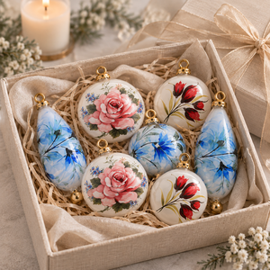 Adornos Navideños Florales Pintados a Mano, Decoraciones de Lujo para Árboles de Navidad con Rosas de Cristal, Adornos Personalizados para las Fiestas - Product Image 1