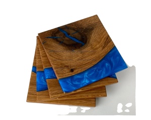 ชุดที่รองแก้วทรงกลมอีพ็อกซี่สีฟ้าไม้โมโนแกรมไม้ธรรมชาติแกะสลักพร้อมโลโก้ - Product Image 1