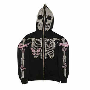 Les plus exigeants Strass Squelette Visage Complet Fermeture Éclair Hoodies Surdimensionné Blanc Personnalisé Strass Full Zip Up Hoodie Pour Hommes - Product Image 1