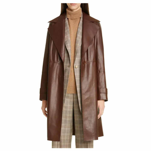 Manteau d'hiver pour femme de haute qualité, style trench-coat, en cuir, avec doublure en laine et fourrure de mouton, fermeture éclair, couleur unie - Product Image 5