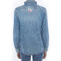 Nouveau automne coton Denim chemises femmes basique broderie haut fille Polo col fleur à manches longues mignon blouse décontractée printemps